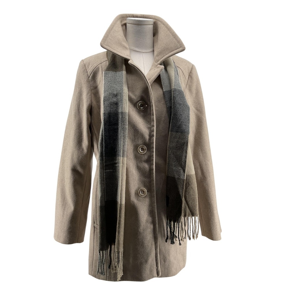London Fog Coat Womens L Beige Wool Tweed Mid-Length Overcoat Collared Pockets